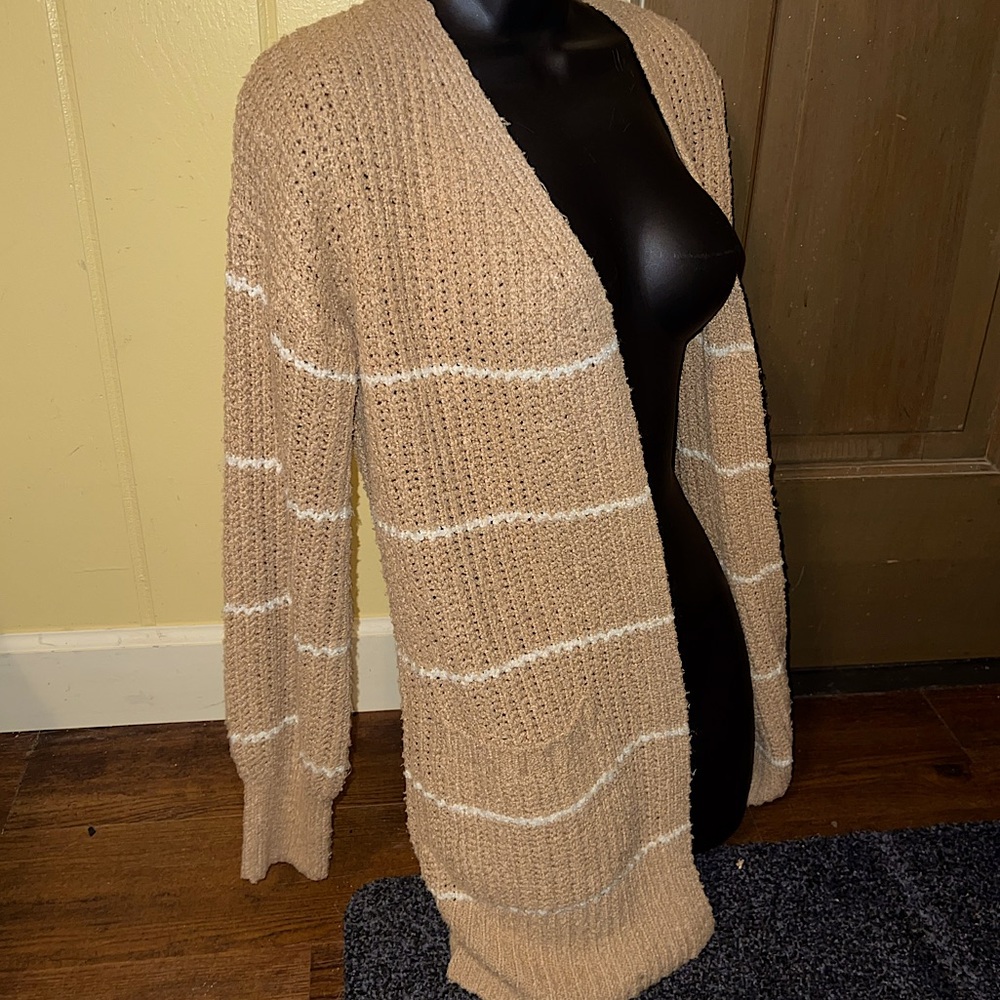 Pink Rose Tan & White Sweater Knit Long Sleeve Cardigan Open Front Size S - Picture 8 of 14